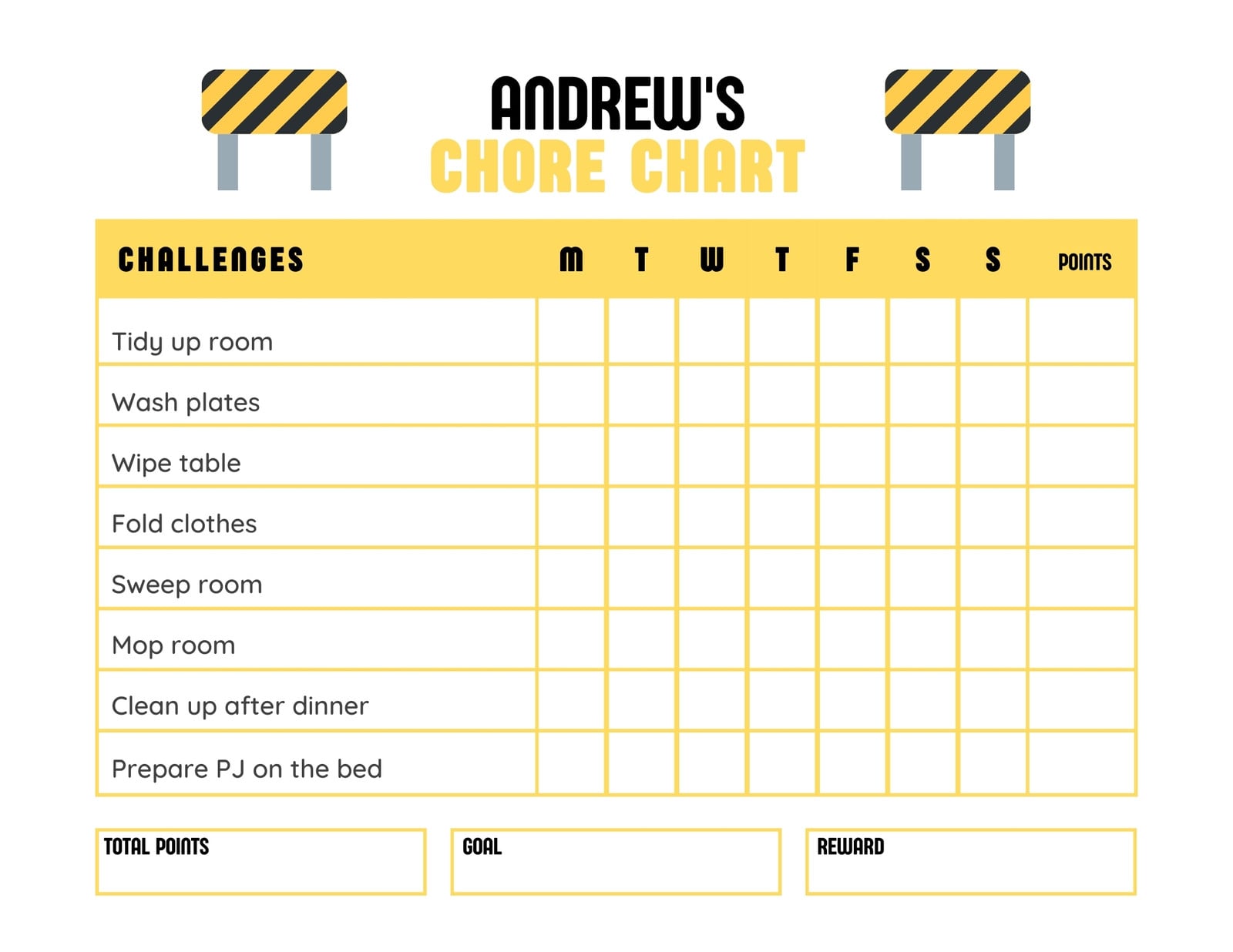 Black Yellow Children Chore Chart