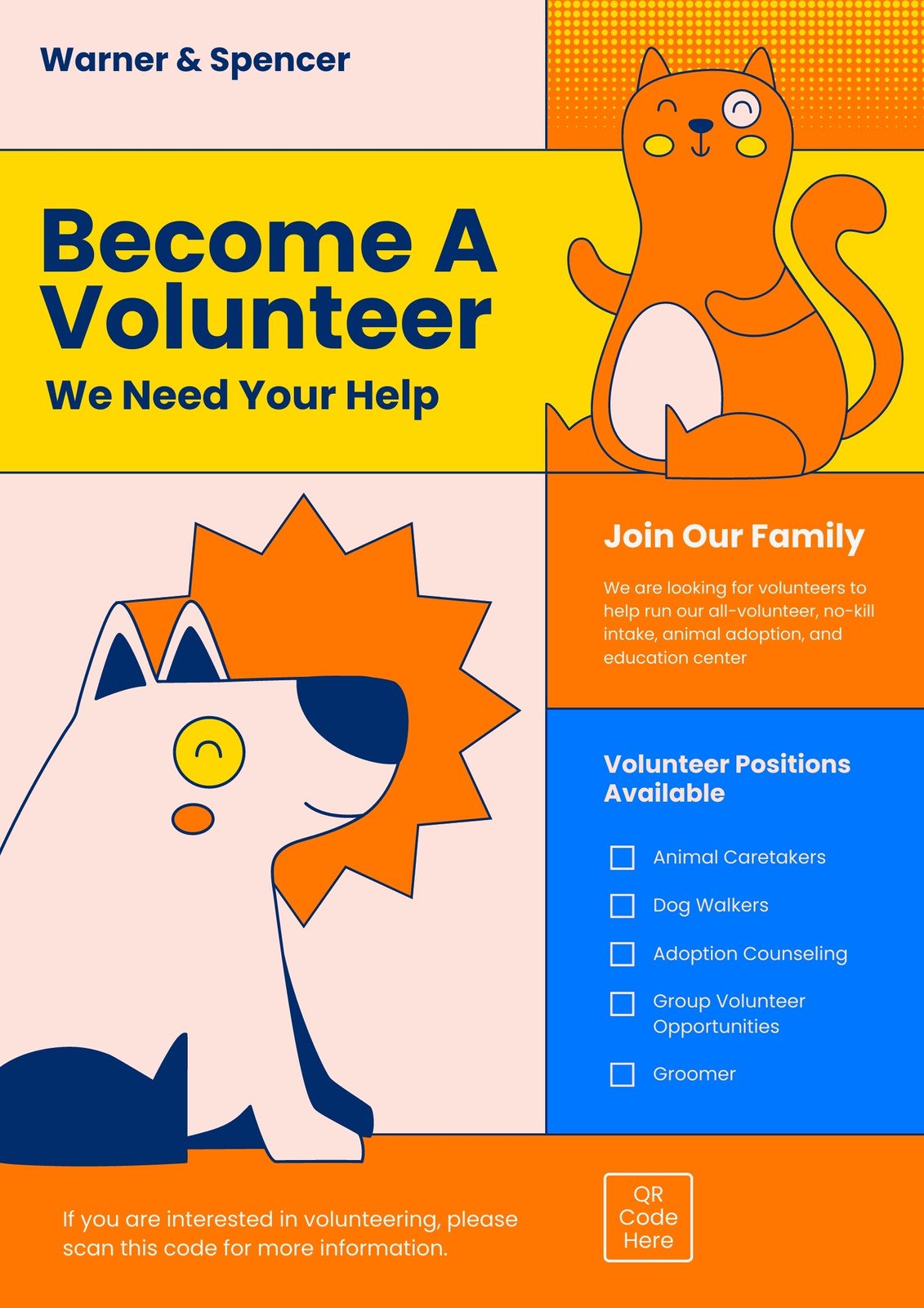Orange Blue Modern Illustration Animal Caretaker Volunteer Recruitment Flyer