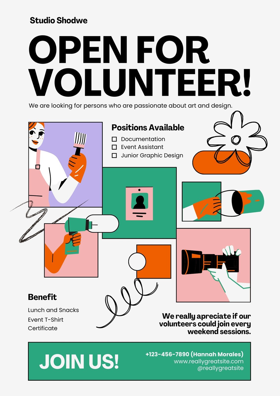 Gray Green Creative Playful Art Gallery Event Volunteer Recruitment Flyer