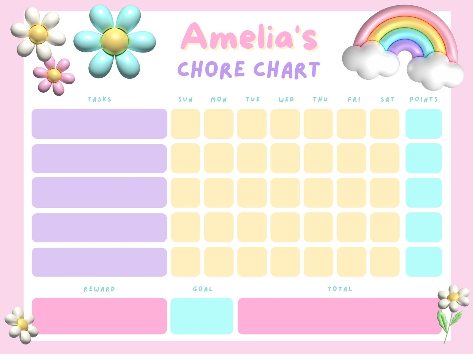 Pastel Rainbow and Daisy Daily Chore Chart