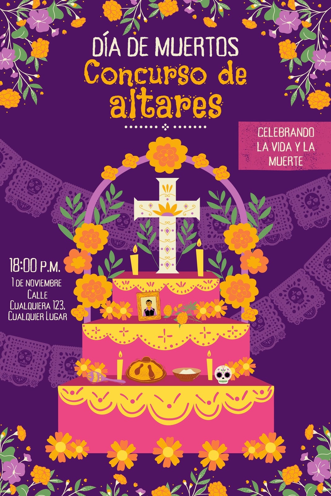 Cartel de Día de Muertos - Póster, concurso de altares, colorido, morado y amarillo