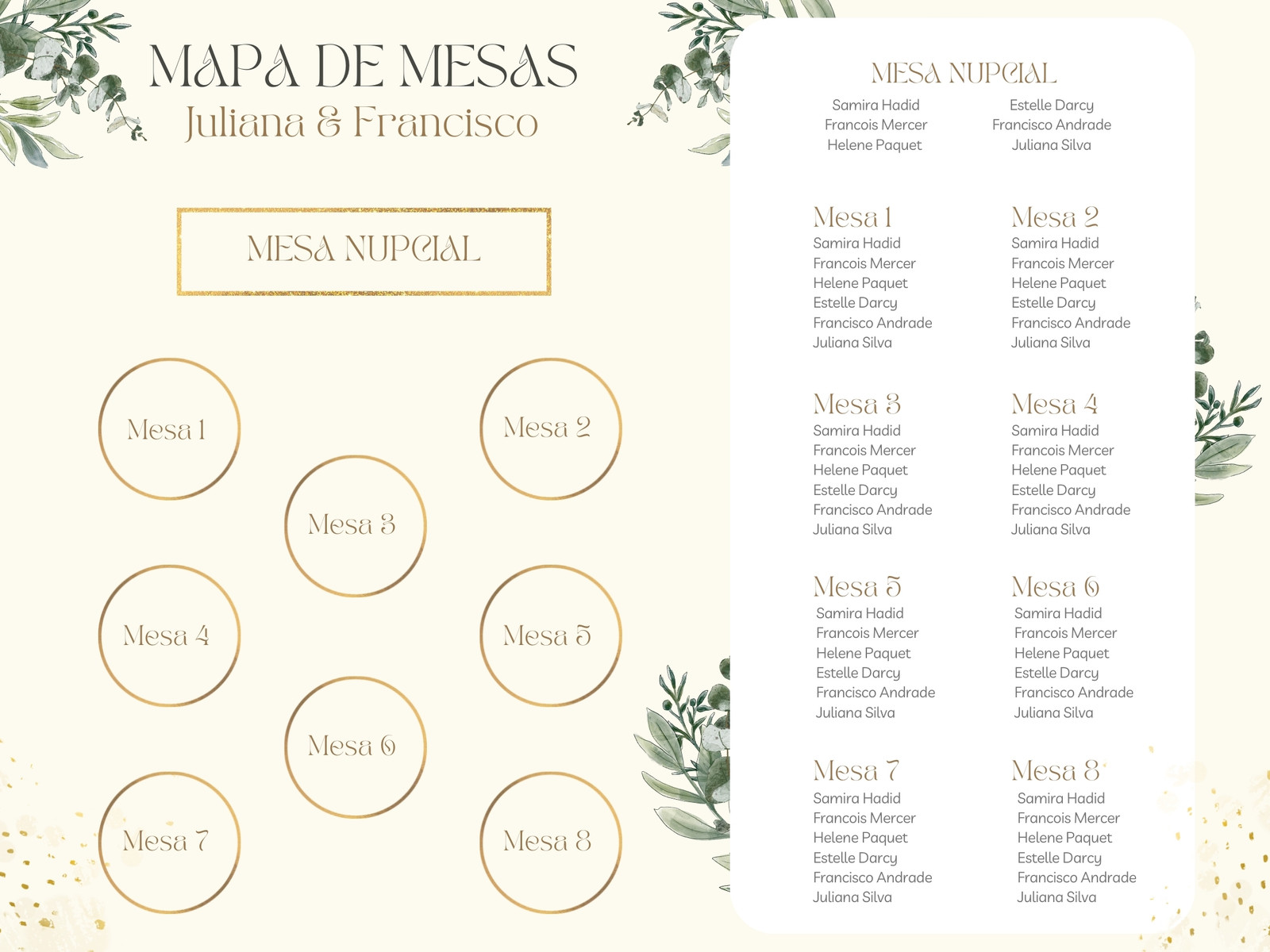 Gráfico Mapa de Mesas Boda Elegante Crema Oliva