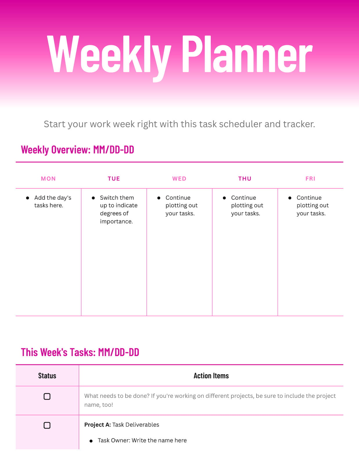 Weekly Planner Doc in Magenta Light Pink Vibrant Professional Style Weekly Planner Doc in Magenta Light Pink Vibrant Professional Style