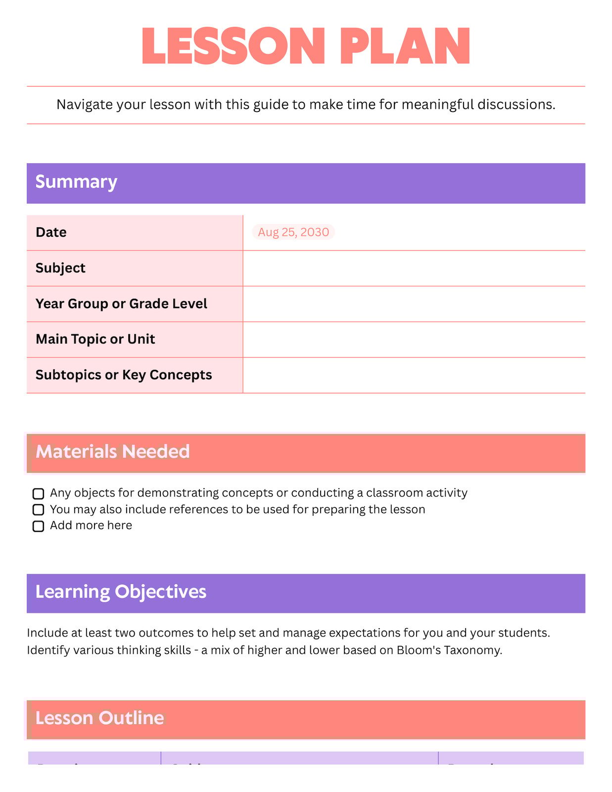 Lesson Plan Doc in Purple Coral Vibrant Professional Style