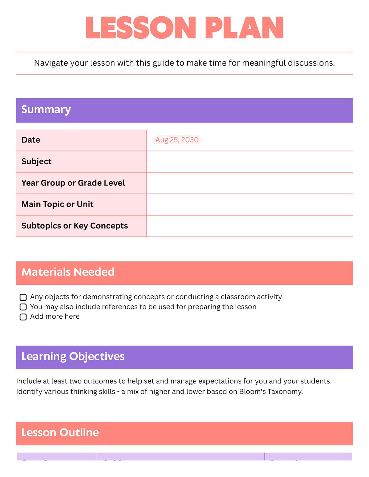 Lesson Plan Doc in Purple Coral Vibrant Professional Style Lesson Plan Doc in Purple Coral Vibrant Professional Style