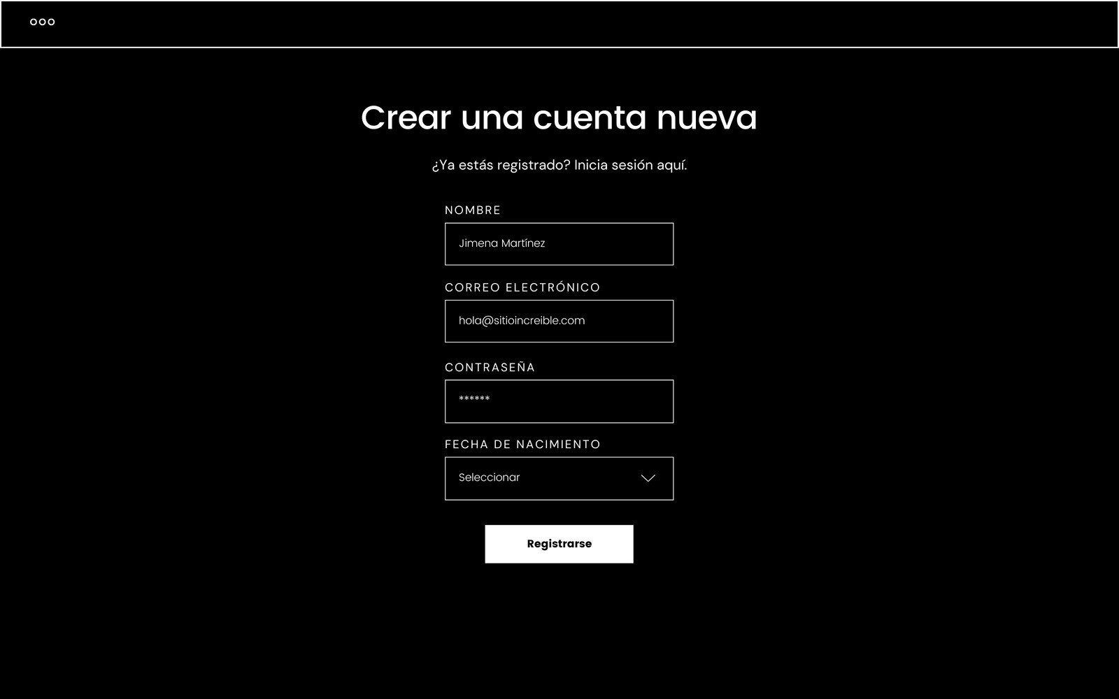 Negro con Líneas Simples Página de Inicio de Sesión Wireframe Sitio Web Prototipo de UI