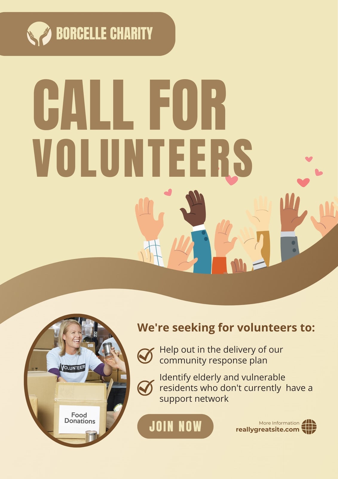Brown And Cream Illustration Call For Volunteers Poster