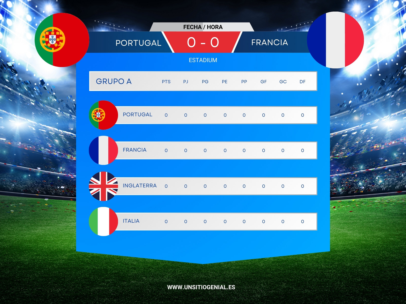 Grafico tabla de puntos clasificatoria copa futbol moderno azul blanco rojo verde