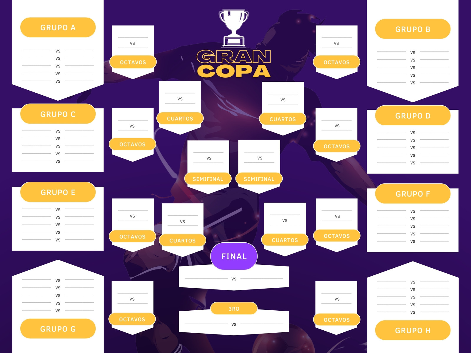 Gráfico cronograma de partidos entre equipos copa de futbol ilustrativo blanco amarillo morado negro