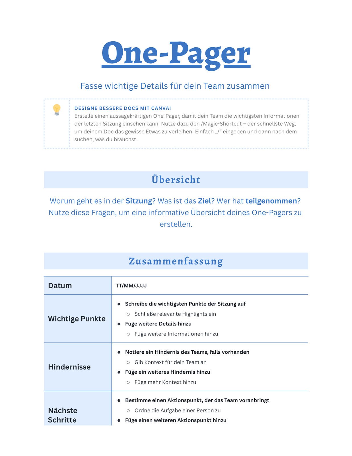One-Pager Doc in Schwarz und Weiß Blau Hellblau Klassisch Professioneller Stil