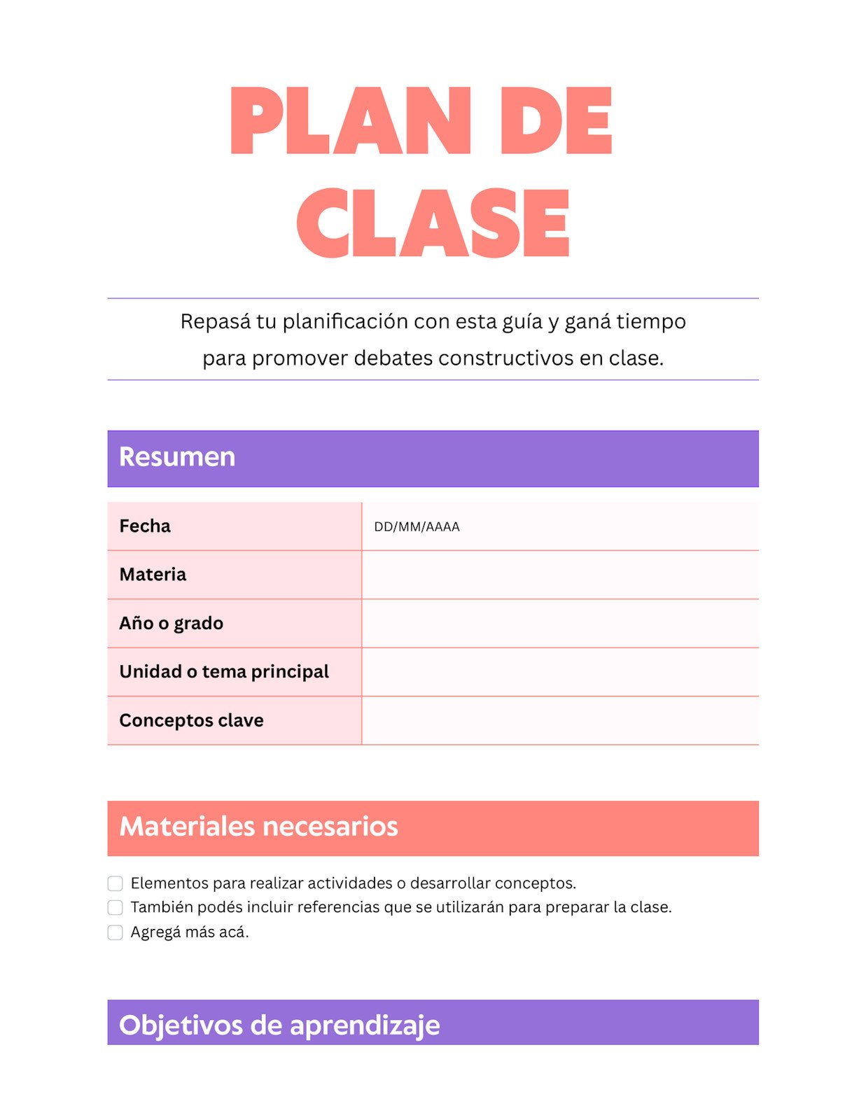 Violeta Coral Vibrante Profesional Doc de Plan de Clase