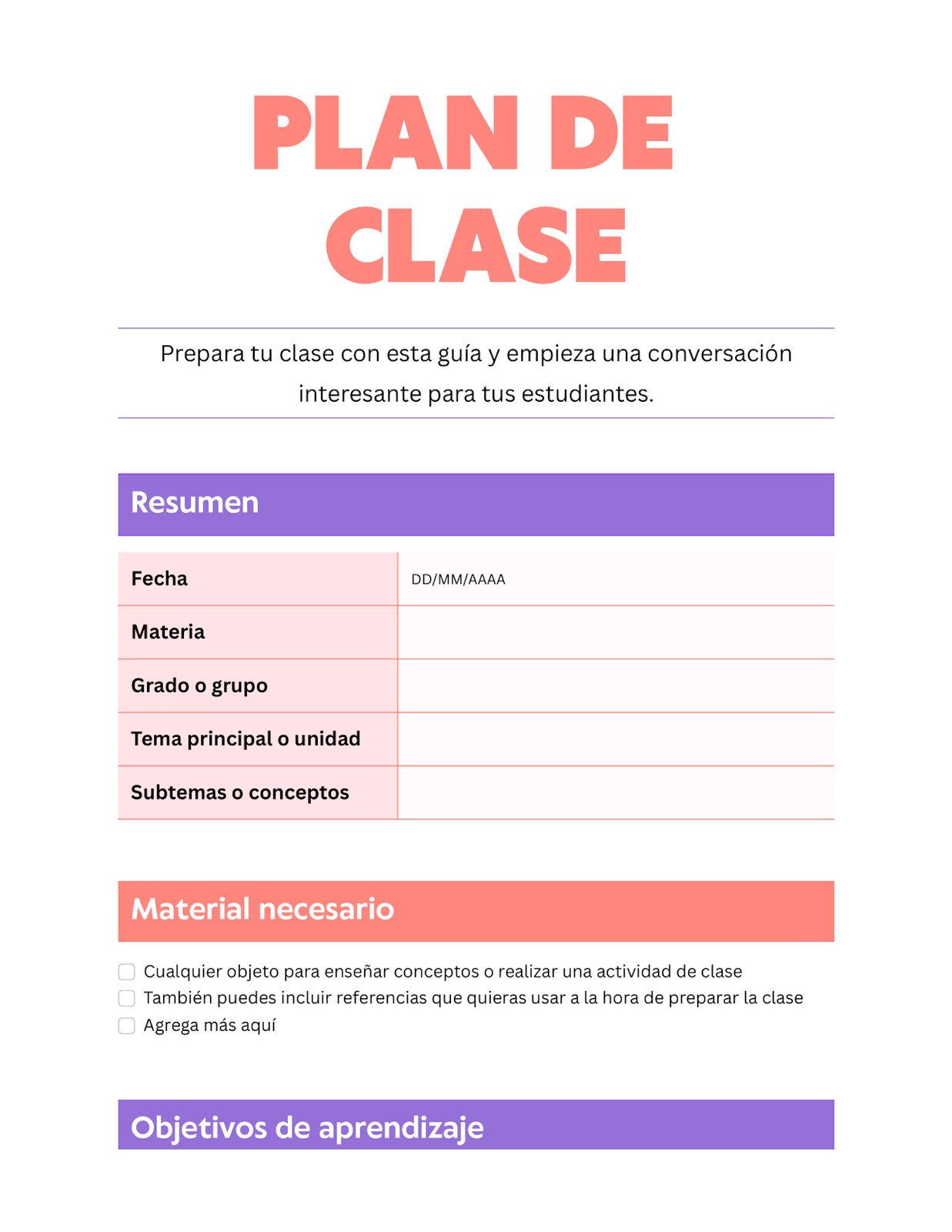 Doc de plan de clase en morado y coral estilo llamativo profesional