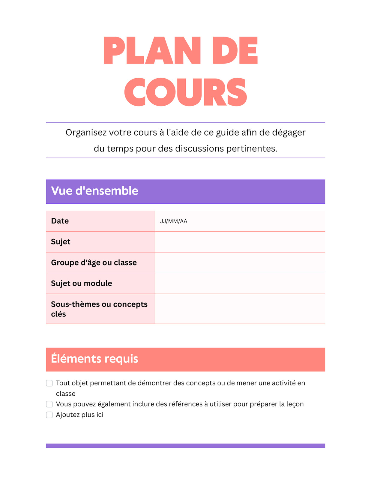 Doc Plan de Cours Dynamique et Professionnel en Violet et Orange Corail