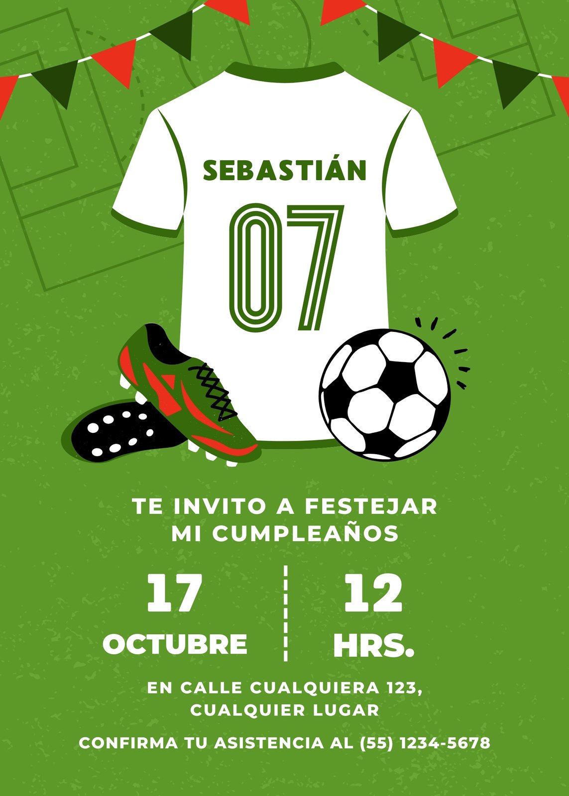 Invitación Cumpleaños Fútbol Simple Verde y Blanco