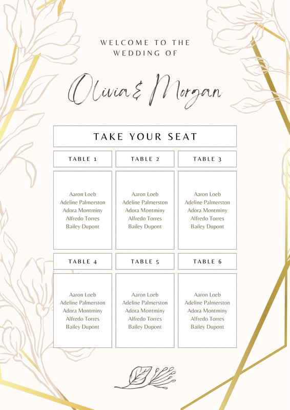 Elegant Floral Simple Table Wedding Seating Chart Canva template, beige and gold