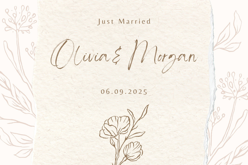 Elegant Aesthetic Floral Just Married Wedding Label Canva template, beige