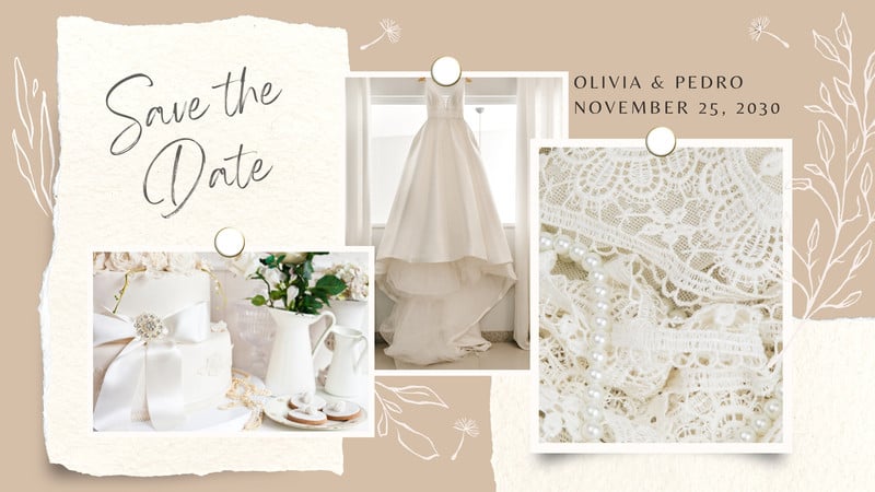 Elegant Aesthetic Floral Photo Collage Wedding Facebook Event Cover Canva template, beige and white