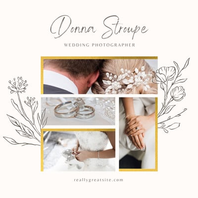 Elegant Modern Floral Photographer Photo Collage Wedding Instagram Post Canva template, beige and gold