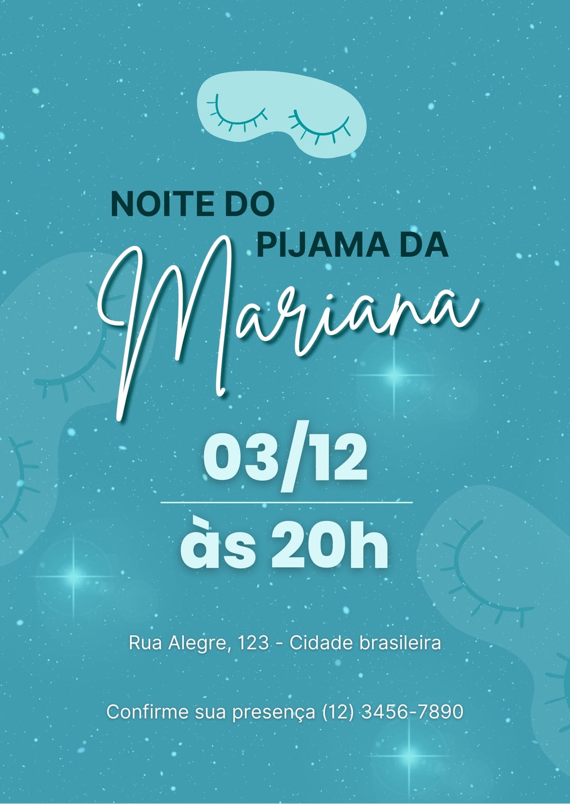 Convite noite do pijama estrelado azul petróleo claro