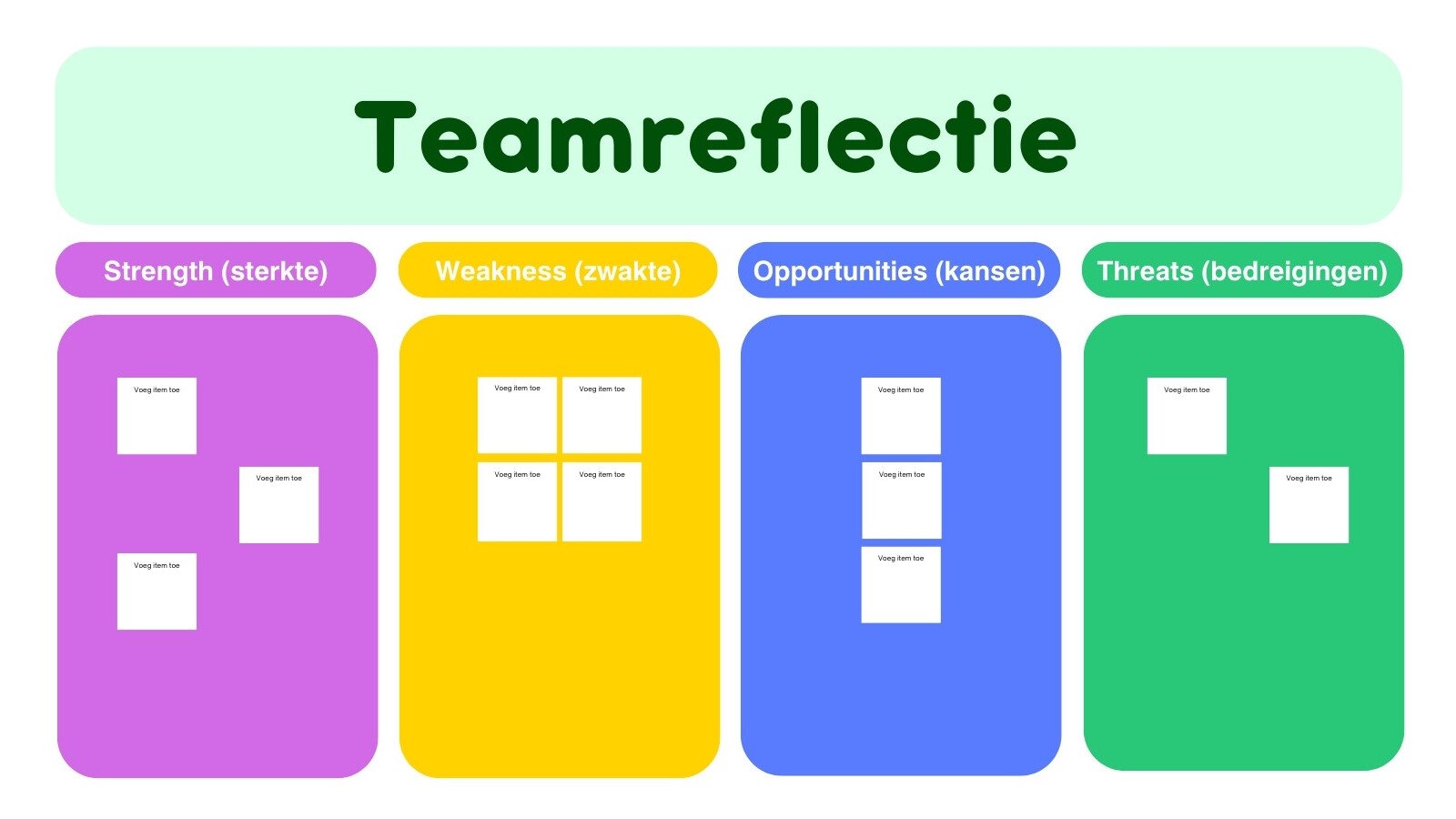 swot-analyse planning whiteboard in groen paars blauw afstandelijk kleurvlakken stijl