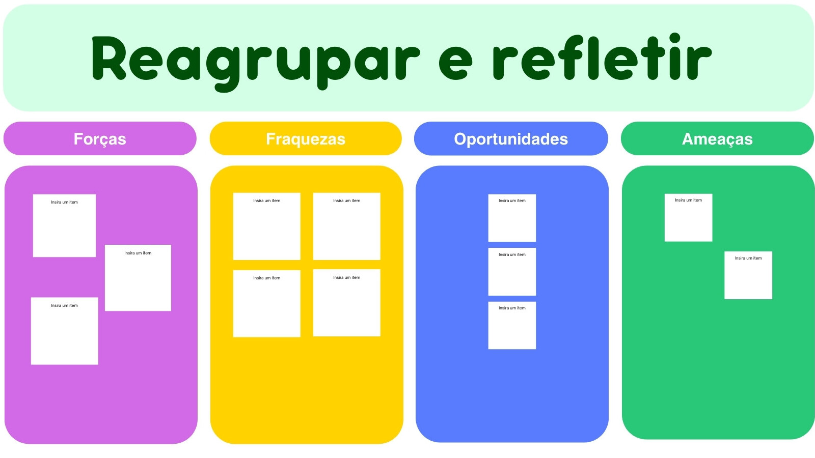 Quadro Branco de Planejamento de Análise SWOT em Verde Roxo Azul Espaçado Estilo Blocos Coloridos