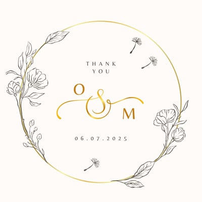 Elegant Floral Thank You Wedding Circle Sticker Canva template, beige