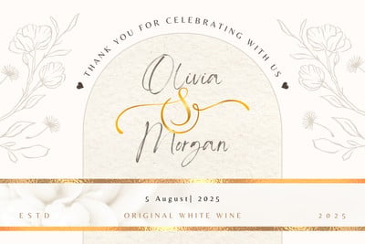 Modern Elegant Simple Floral Wedding Wine Label Canva template, beige and gold