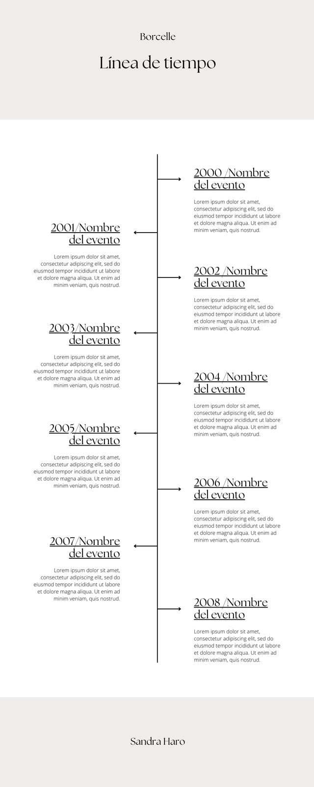 Infografia linea de tiempo minimalista en color blanco, negro y gris