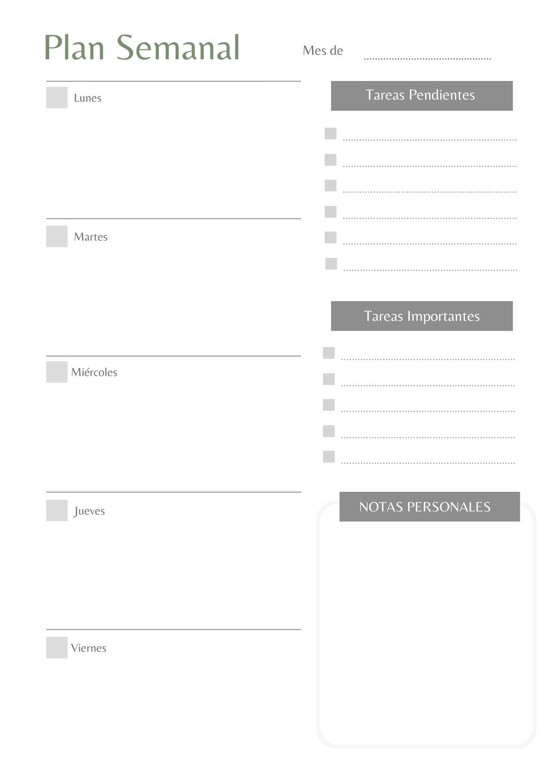 Agenda planificador semanal y notas simple gris