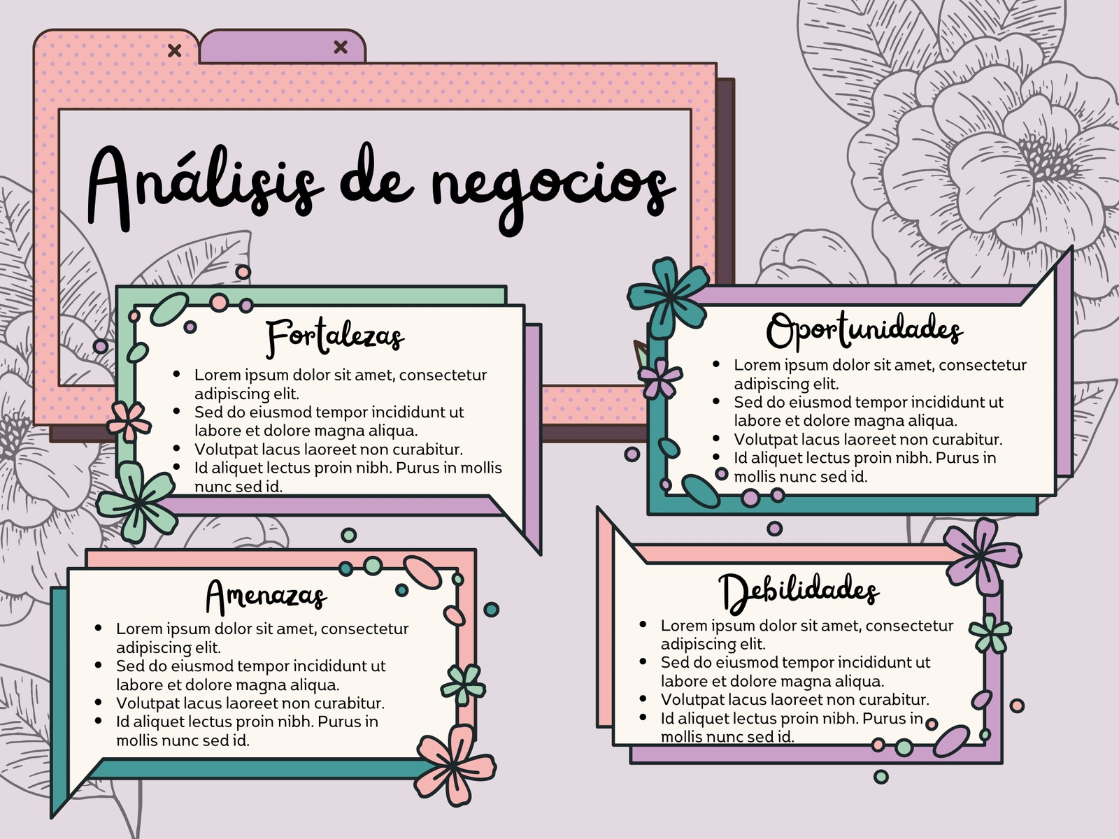 Análisis FODA - Análisis de negocios - Floral y morado - Matriz FODA
