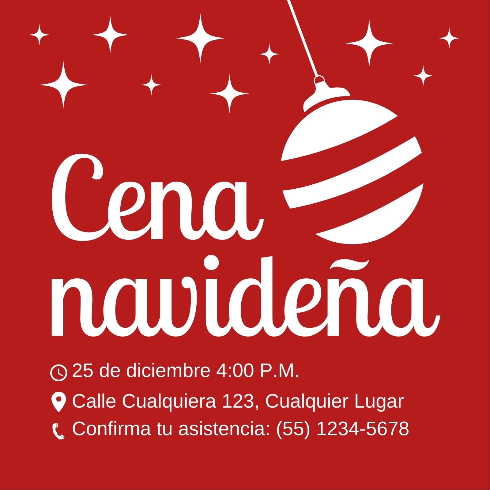 Invitación Cuadrada Cena Navideña Elegante Rojo y Blanco