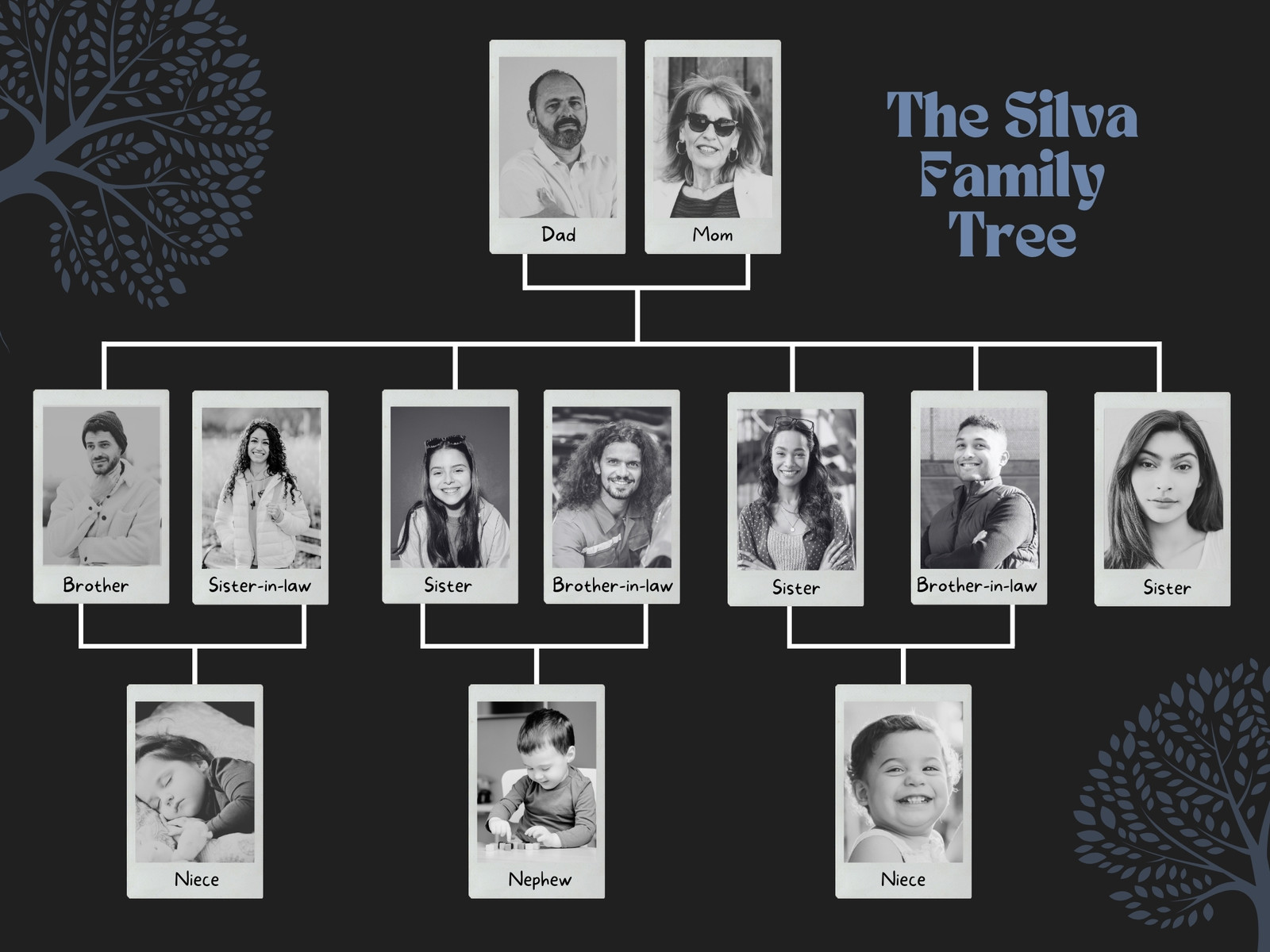 Classic Blue Black White Photographic Photo Collage Family Tree Graph