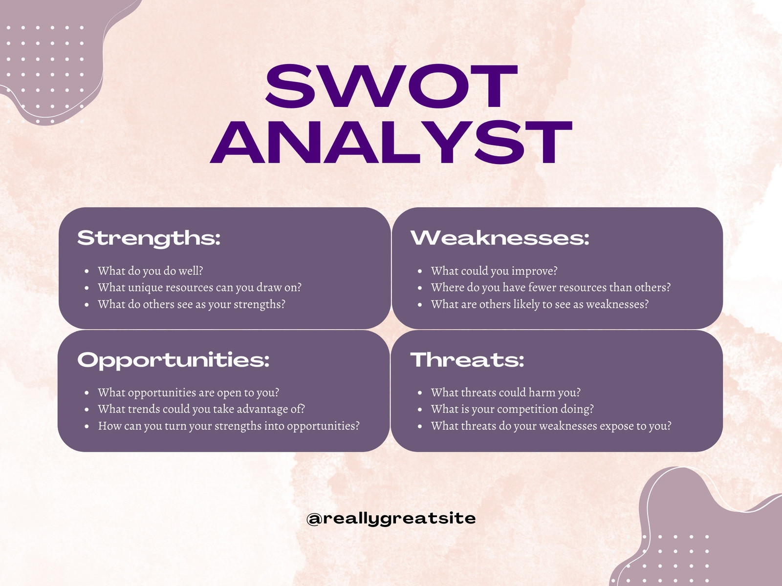 Champagne and Purple Feminime Modern SWOT Analyst Infographic