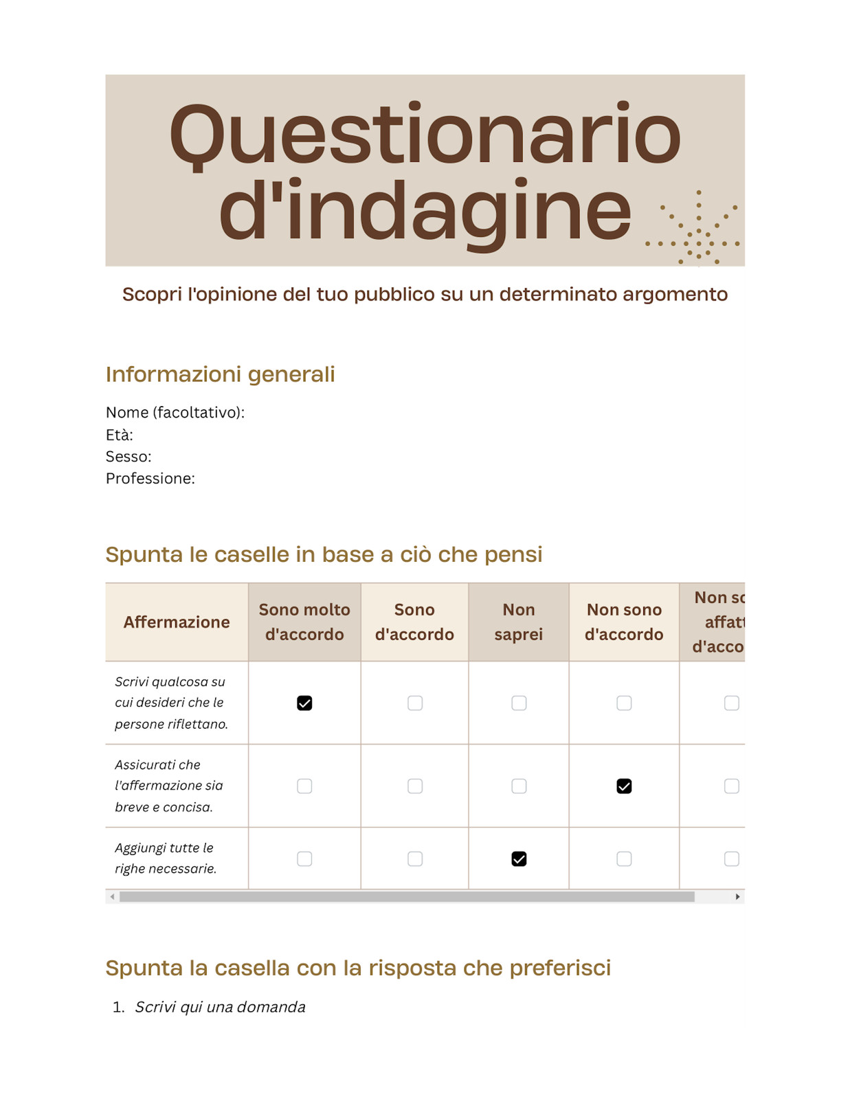 Documento Questionario in Stile Professionale Classico Beige e Marrone