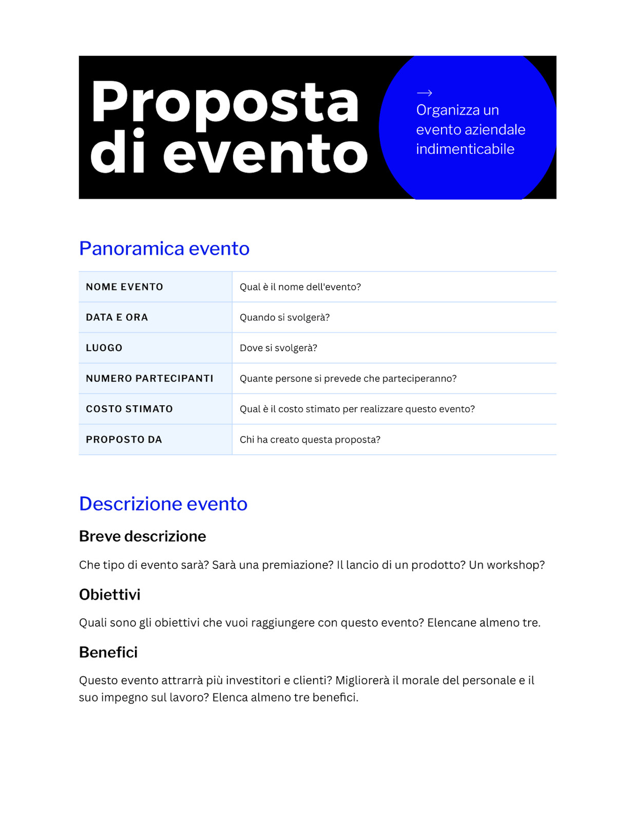 Documento Proposta di Evento in Stile Professionale Vivace Nero e Blu