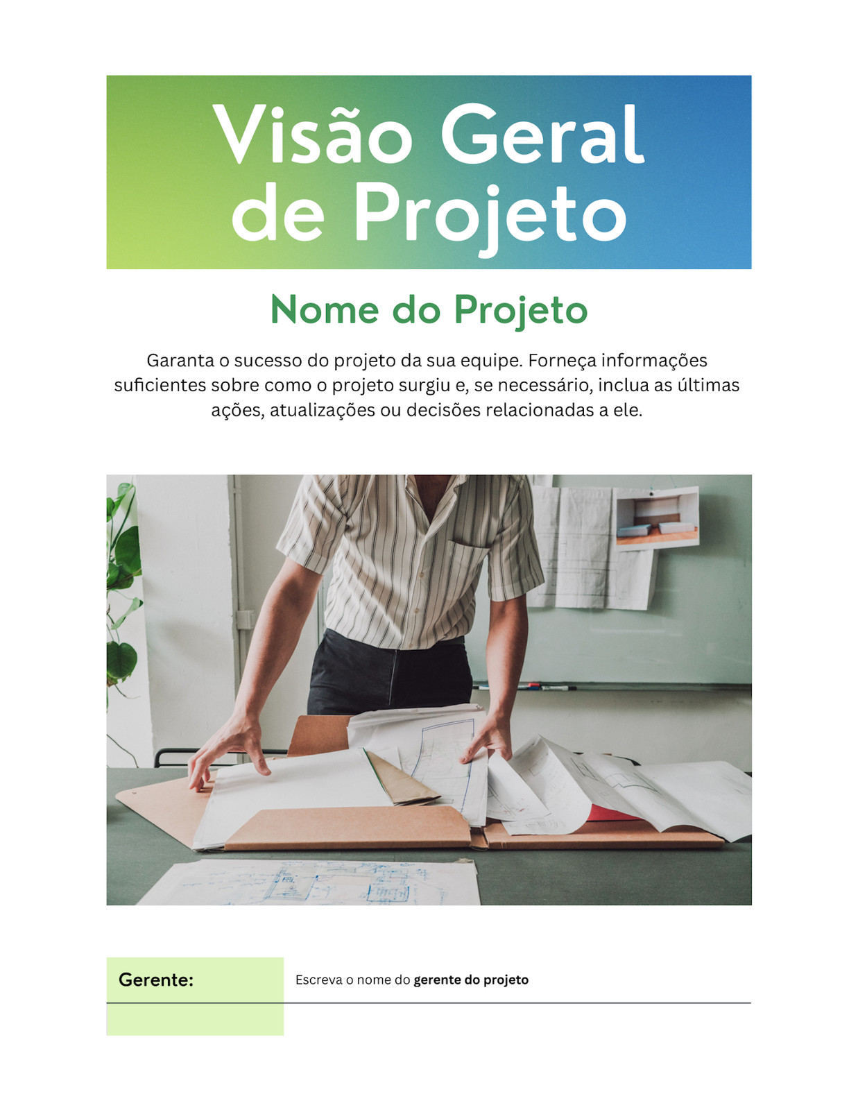 Doc de Visão Geral de Projeto Estilo Profissional Vibrante Verde-claro Azul