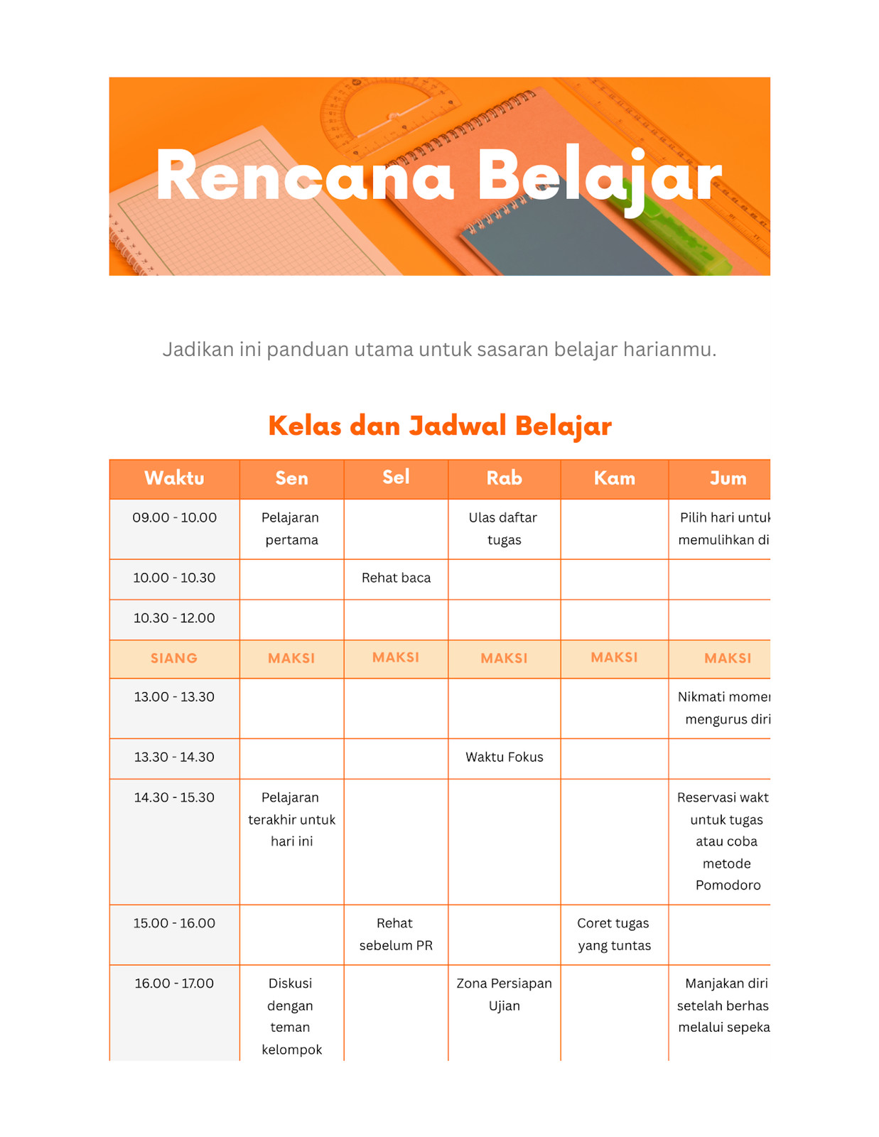 Doc Rencana Belajar Oranye Terang Putih Gaya Dinamis Profesional