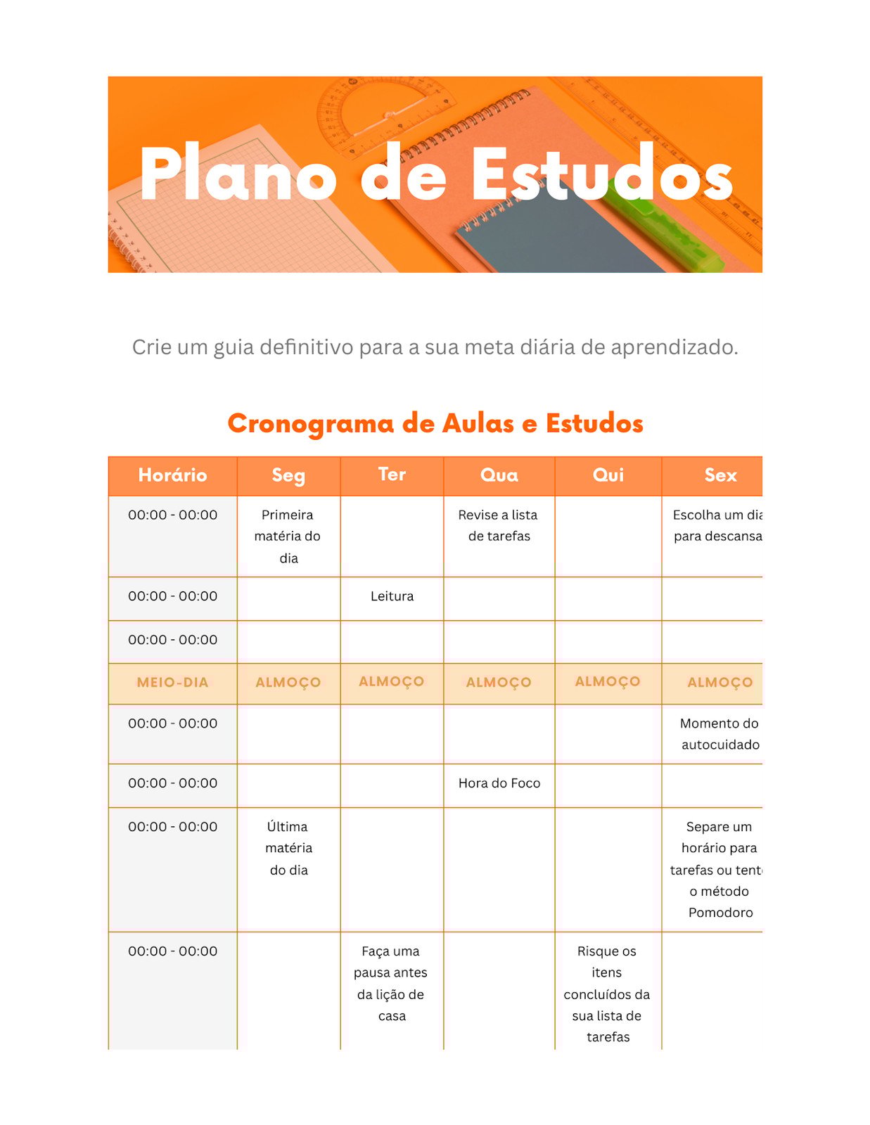 Doc Plano de Estudos Estilo Profissional Vibrante em Laranja e Branco