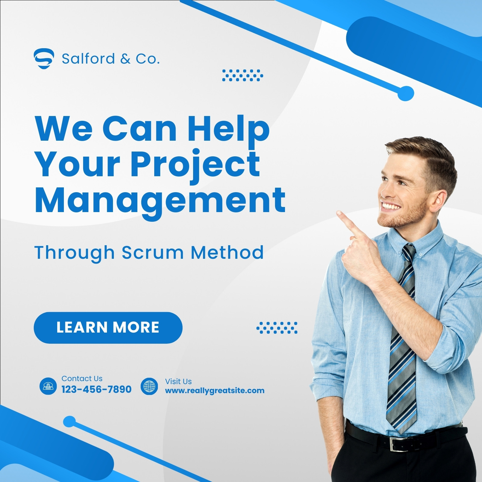 Blue And White Modern We Can Help Your Project Management Instagram Post