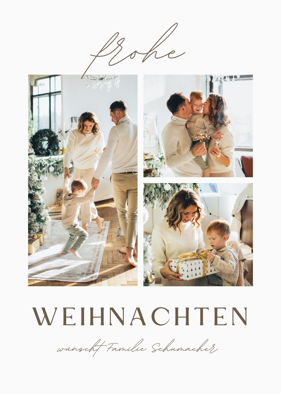 Braun Weiß Modern Elegant Kalligraphie Weihnachten Grüße Familie Fotocollage Hochformat Karte Braun Weiß Modern Elegant Kalligraphie Weihnachten Grüße Familie Fotocollage Hochformat Karte