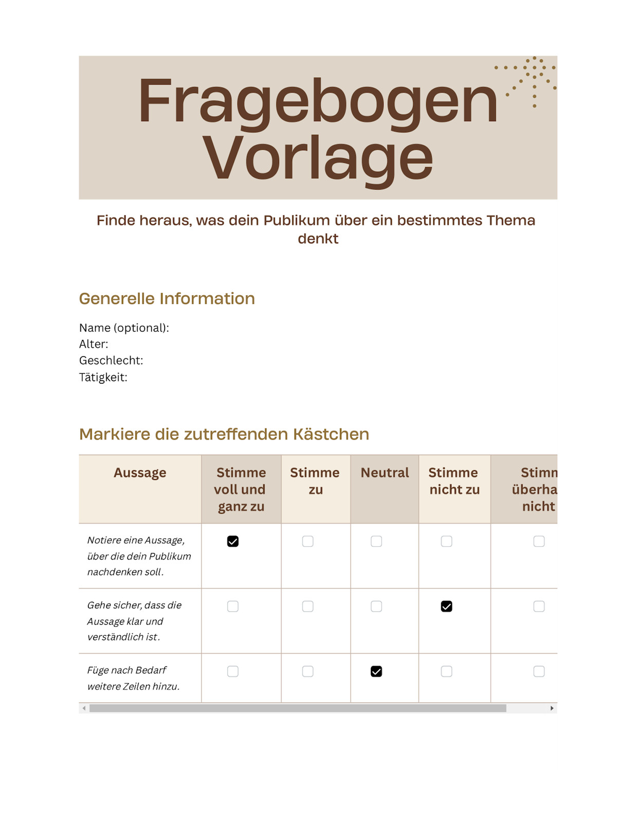 Fragebogen Doc in Beige Braun Klassisch Professioneller Stil