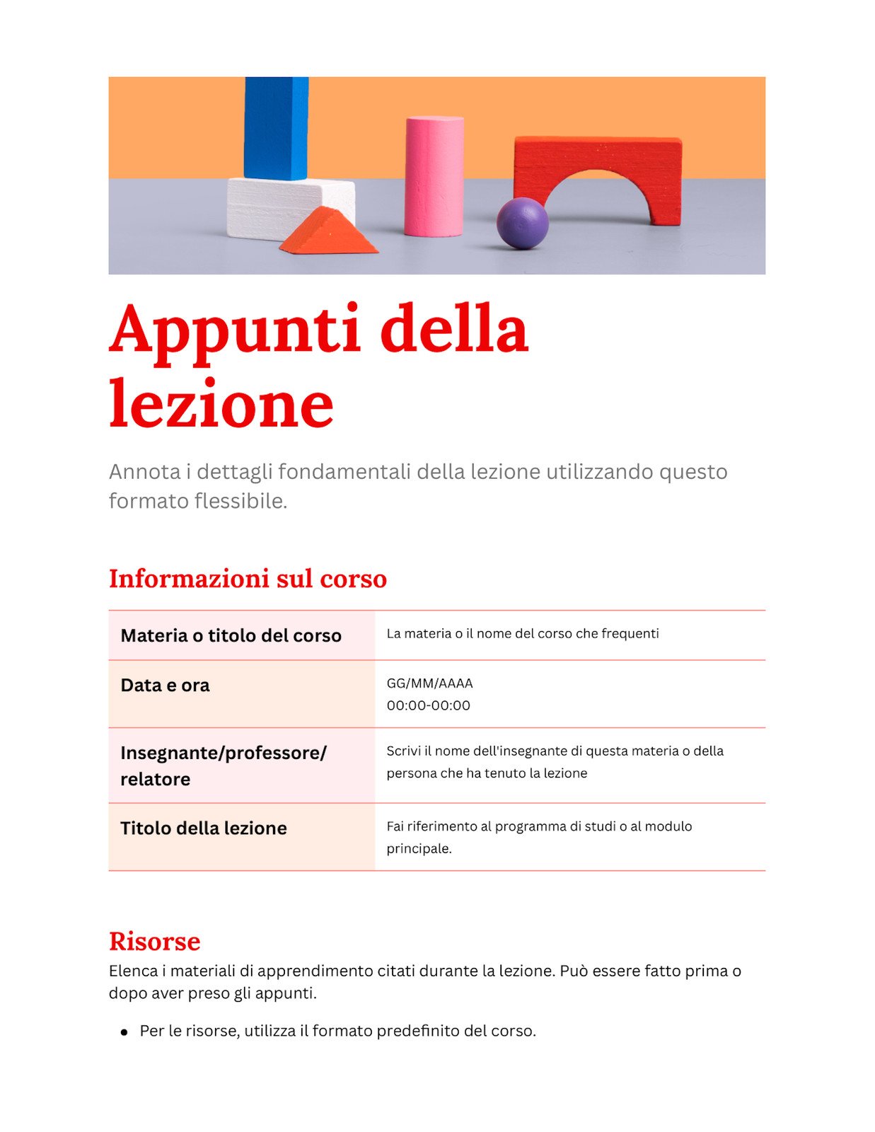 Documento Appunti della Lezione in Stile Professionale Vivace Rosso e Arancione