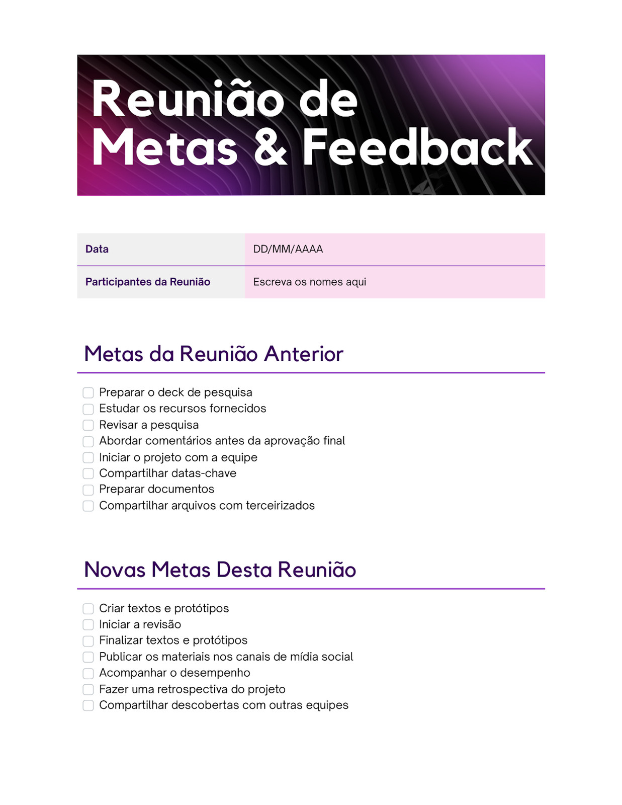 Doc de Reunião de Metas e Feedback Lista de Tarefas Estilo Profissional Clássico Rosa Roxo