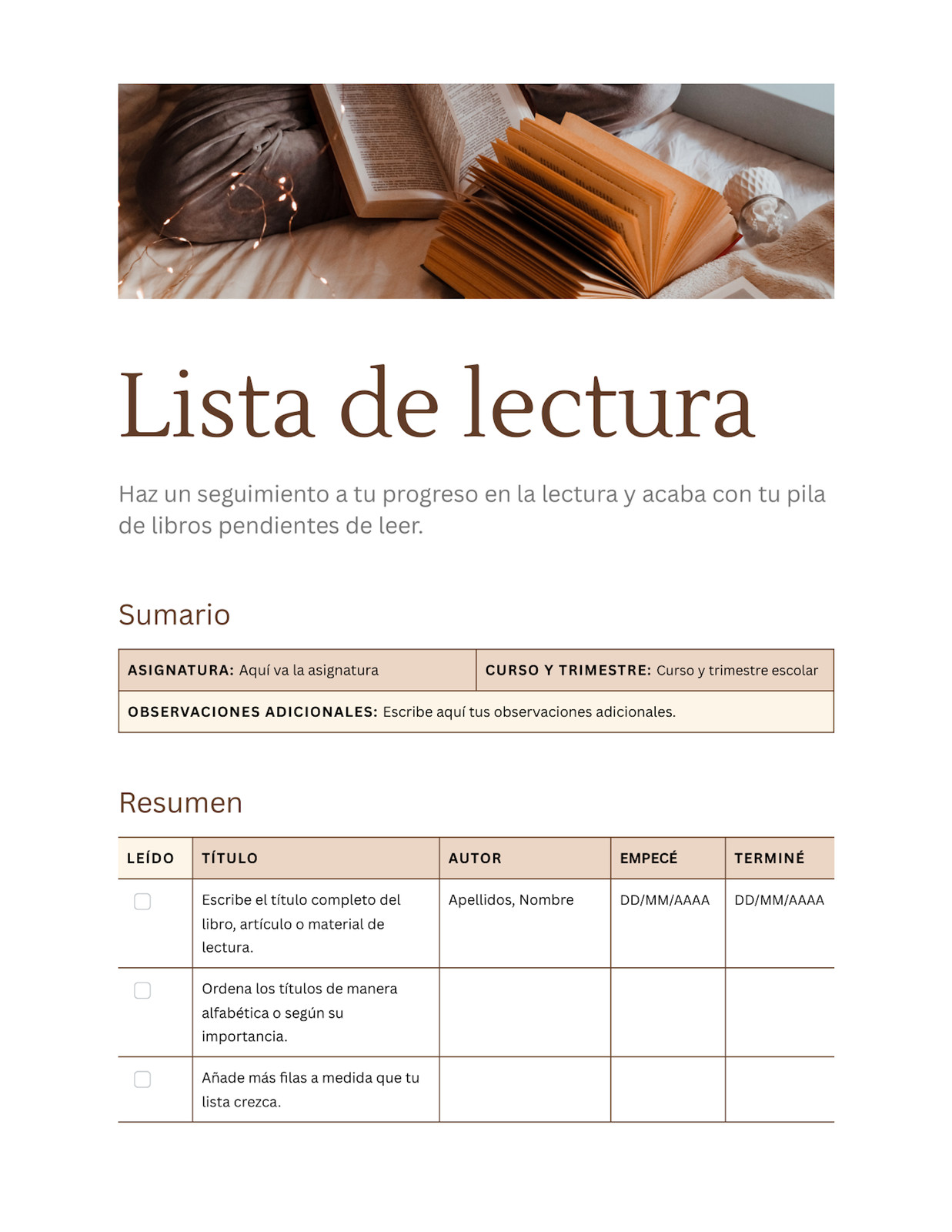 Doc lista de lectura estilo profesional clásico en beis marrón