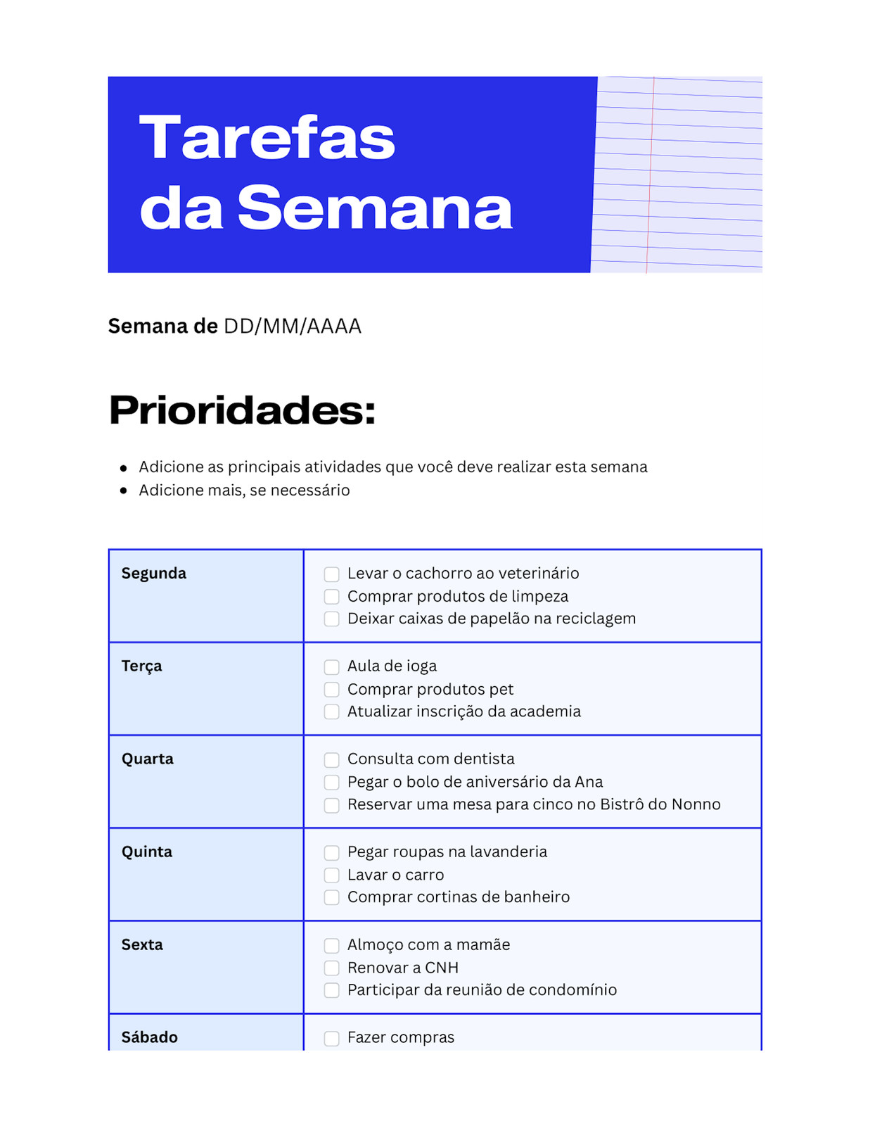 Doc de Lista de Tarefas da Semana Estilo Profissional Vibrante Azul Vivo Azul-claro Doc de Lista de Tarefas da Semana Estilo Profissional Vibrante Azul Vivo Azul-claro
