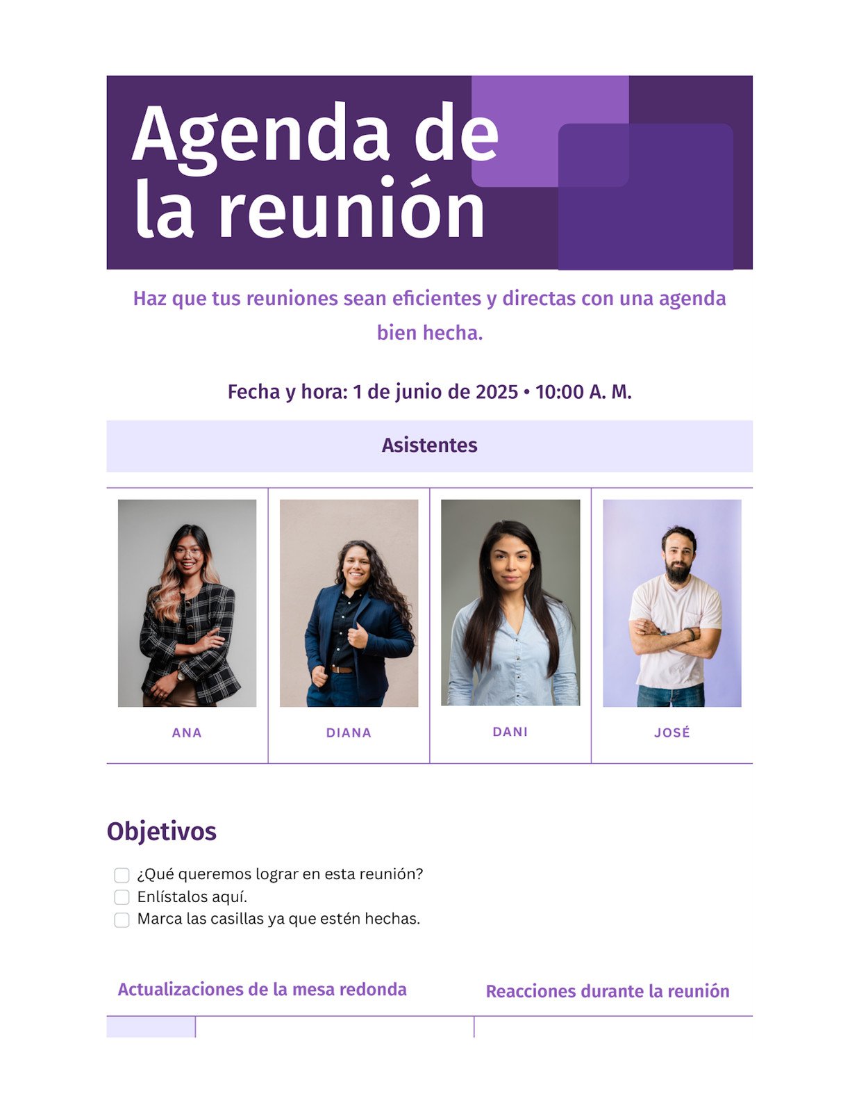 Doc de agenda de reunión en morado blanco estilo clásico profesional