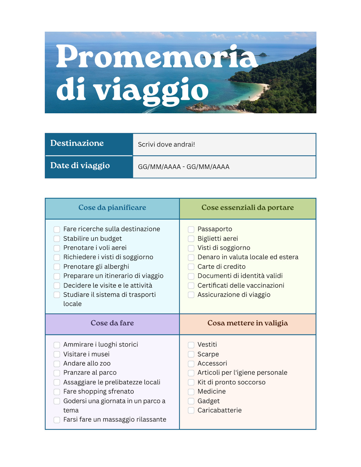 Documento Promemoria di Viaggio in Stile Professionale Vivace Verde Acqua Verde Pastello e Viola Pastello