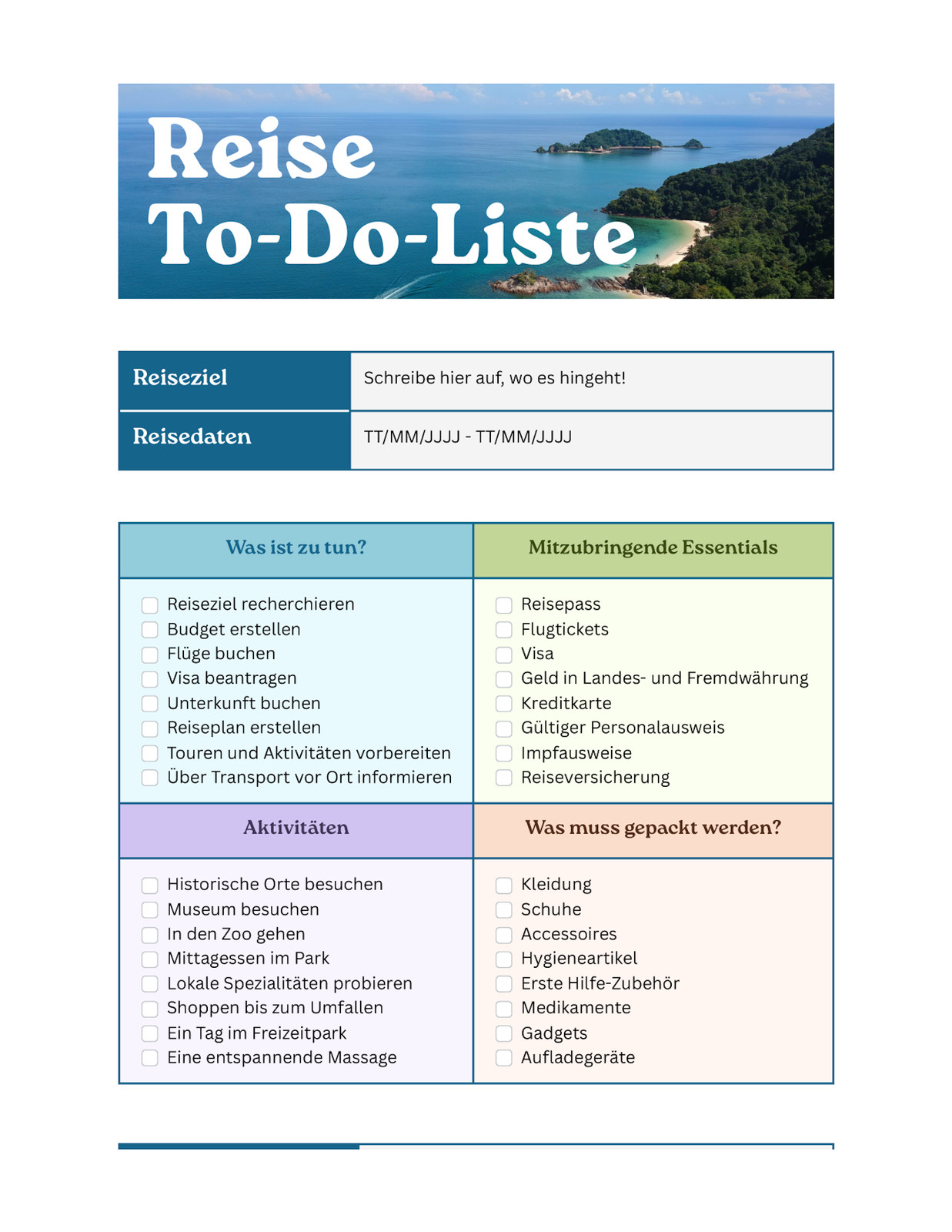 Reise To-Do-Liste Doc in Türkis Pastellgrün Pastelllila Lebendig Professioneller Stil