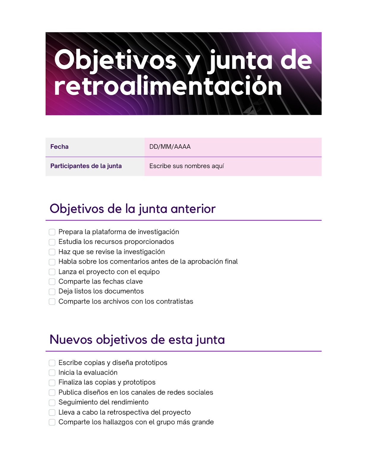 Objetivos y Junta de Retroalimentación Lista de Tareas Doc en Morado Estilo Clásico Profesional