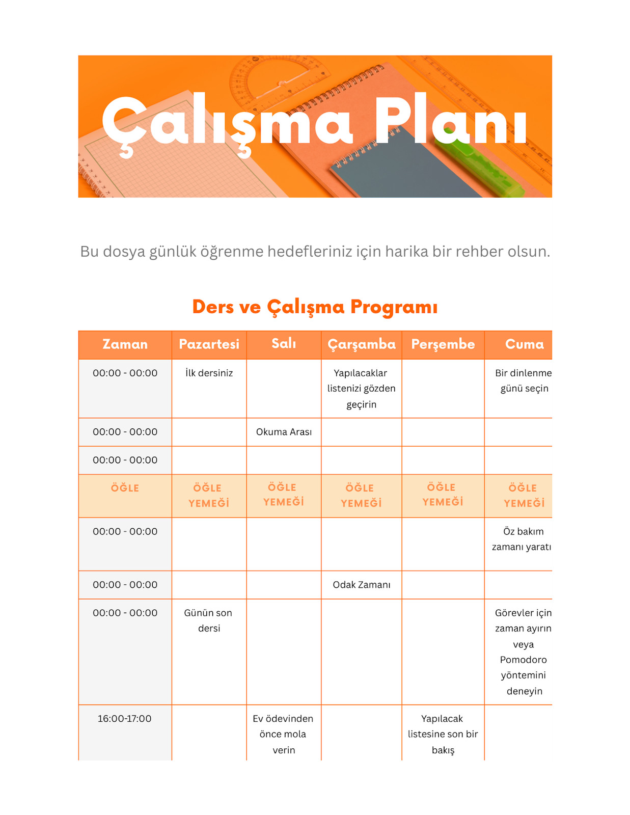 Parlak Turuncu Beyaz Canlı Profesyonel Tarzda Ders Çalışma Planı Doc